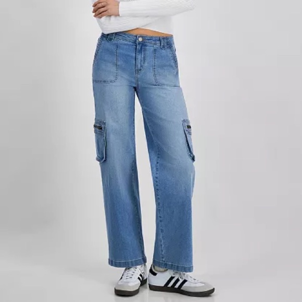 Y2K Mid-Rise Wide-Leg Cargo Baggy Jeans Sz 25 Blue Denim Utility 90s Gorpcore